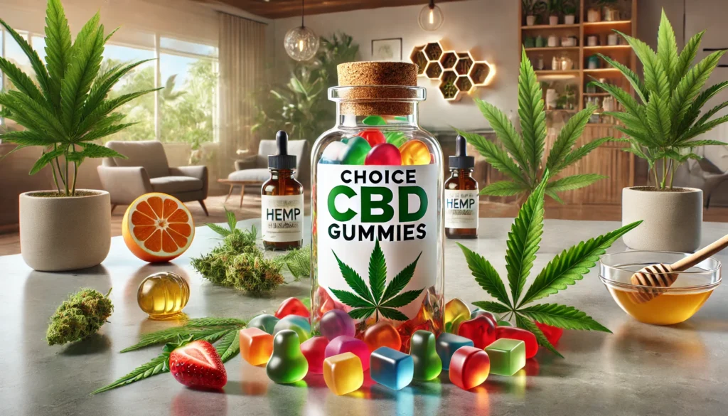 choice cbd gummies bottle with natural ingredients and hemp leaves