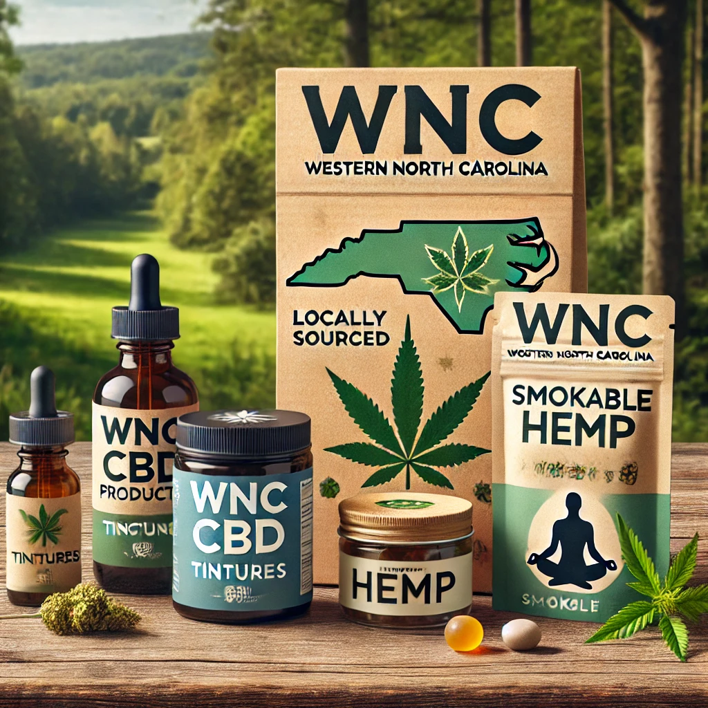 WNC CBD packaging surrounded by hemp leaves and wellness icons, emphasizing its premium quality and health benefits.