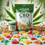 Vigor Vita CBD Gummies packaging surrounded by natural elements like hemp leaves and fruits, symbolizing wellness.