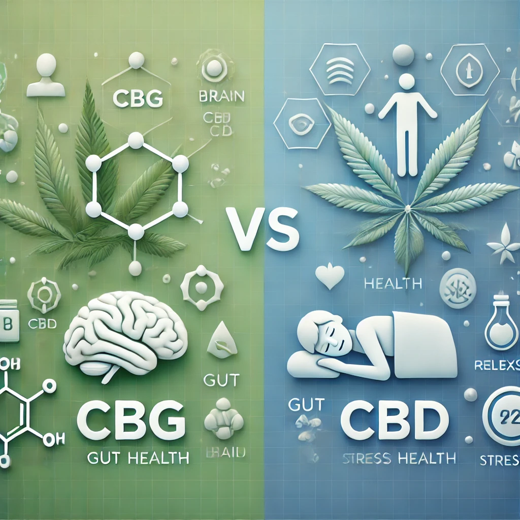 Side-by-side comparison of CBG vs CBD with molecular structures and their respective benefits illustrated visually.