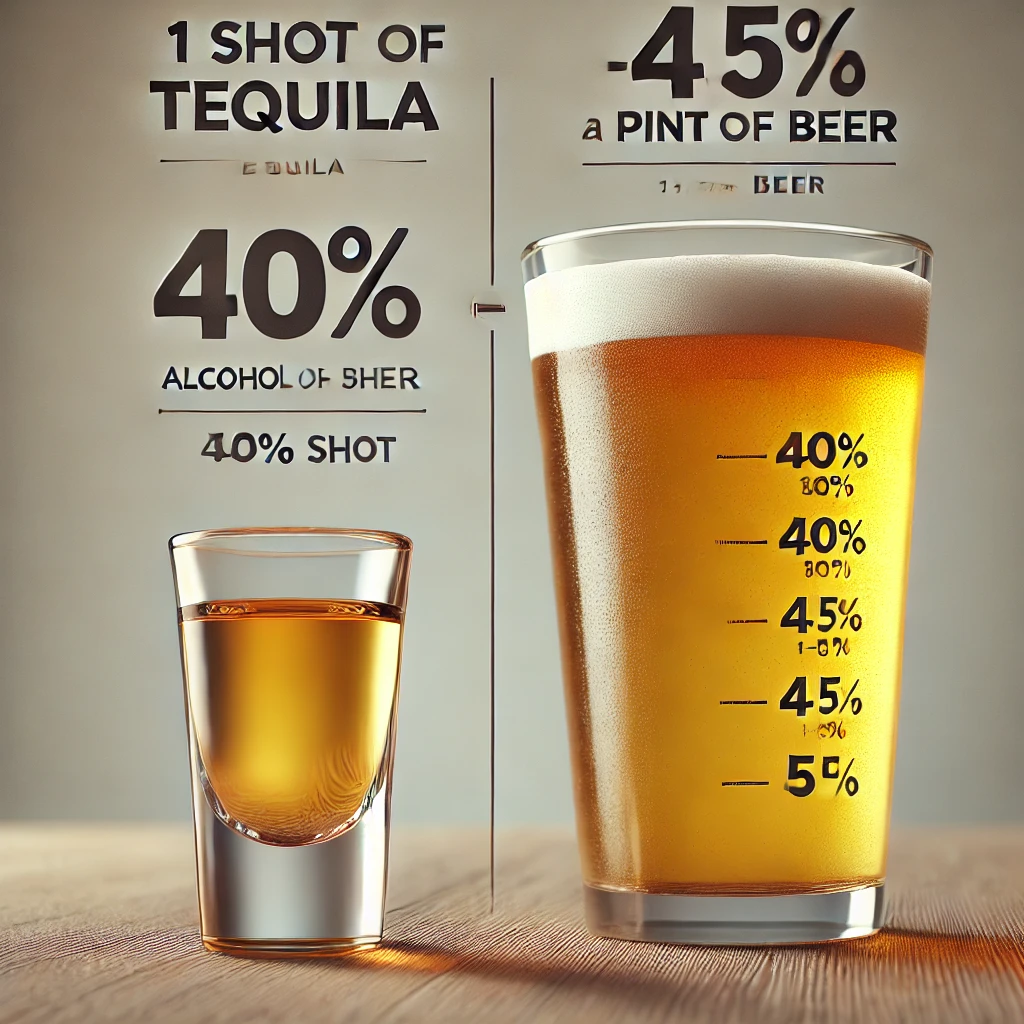 A visual comparison of a tequila shot and beer, illustrating how 1 shot of tequila is equal to how many beers.