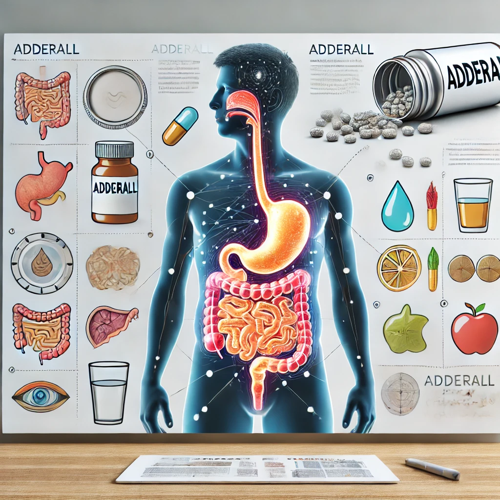 A detailed infographic illustrating the effects of Adderall on digestion and the reasons it might make you poop.