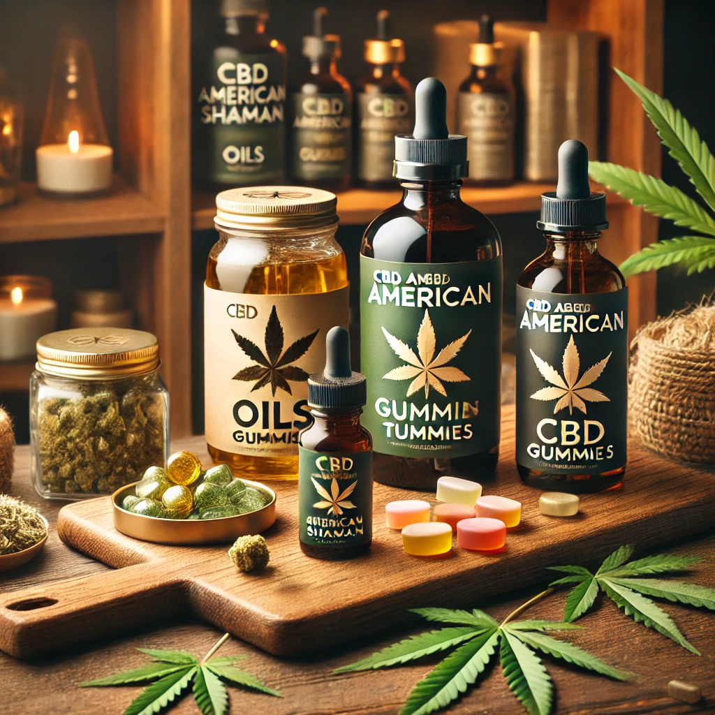 A showcase of CBD American Shaman products like oils, topicals, and gummies, with a focus on natural wellness benefits.