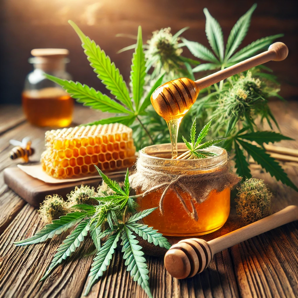 CBD Honey Sticks Gold Bee in a jar with honey and hemp leaves.