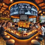 Interior view of The Bar Stock Exchange CBD Belapur with a lively ambiance, modern décor, and a digital price board.