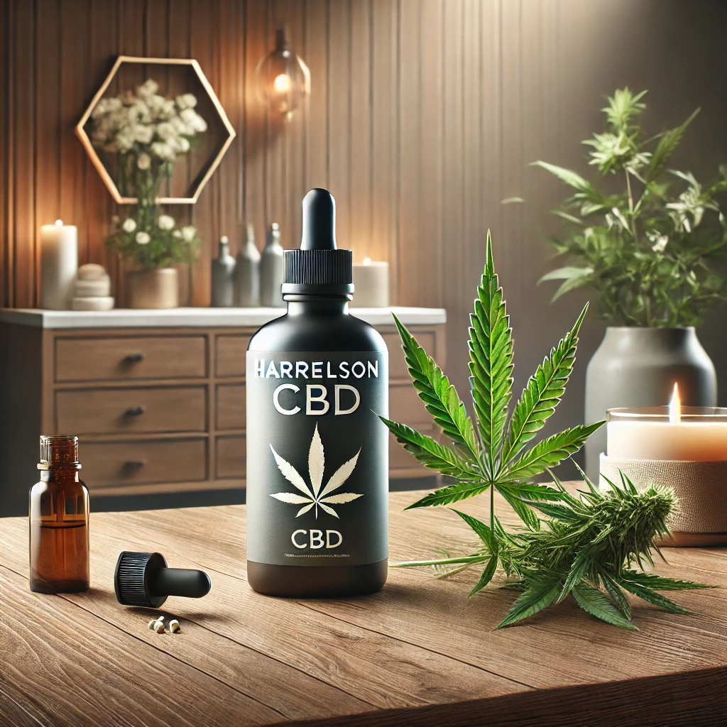 Harrelson's Own CBD bottle with a natural backdrop featuring hemp plants and wellness accessories.