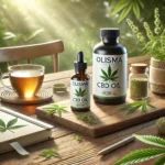 Olisma CBD bottle surrounded by hemp leaves, wellness products, and a serene, natural background.