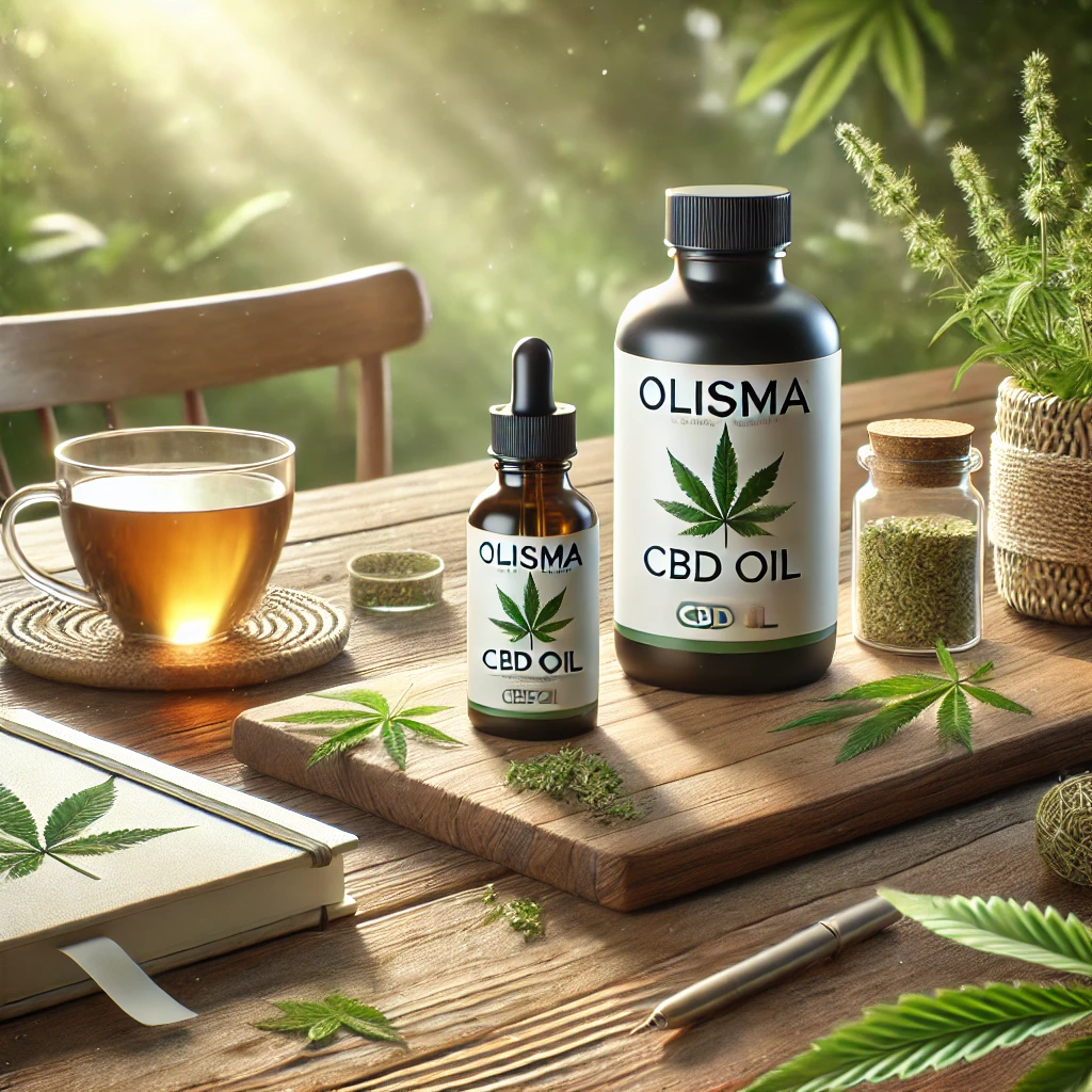 Olisma CBD bottle surrounded by hemp leaves, wellness products, and a serene, natural background.