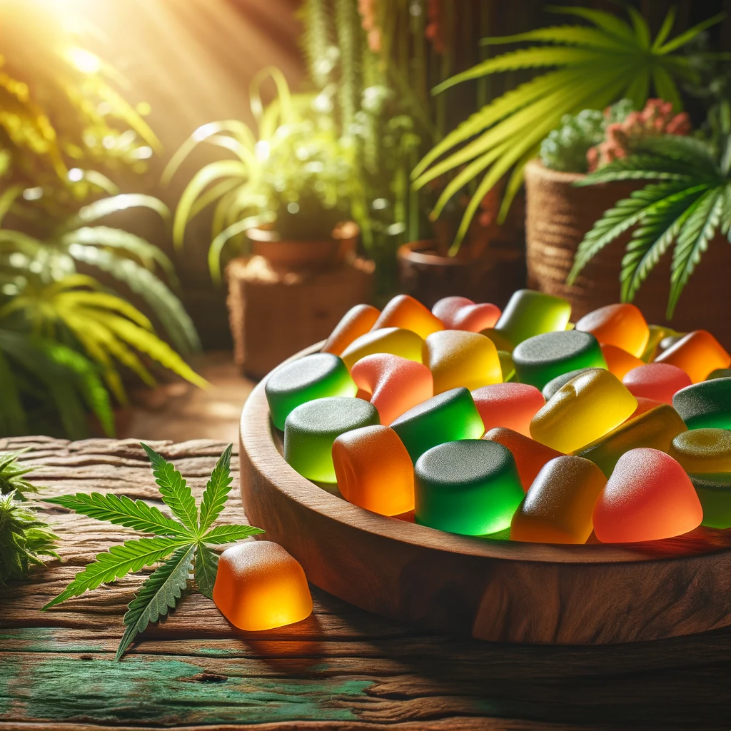 A collection of colorful CBD gummies musk on a wooden table with a serene background.