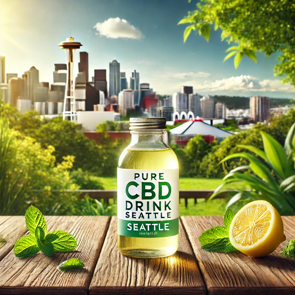 A refreshing glass of pure CBD drink Seattle with a vibrant city skyline in the background.