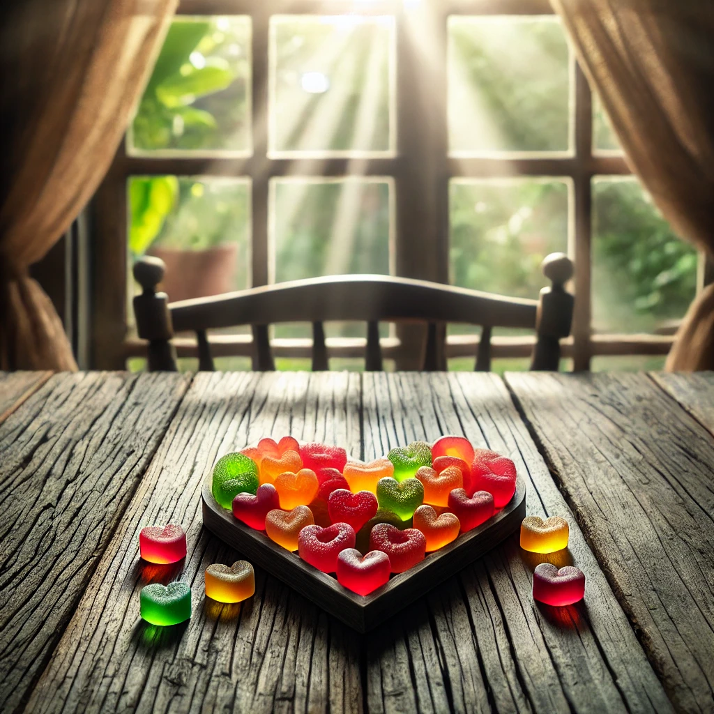 A vibrant assortment of Gummies15 on a wooden platter with a cheerful background.