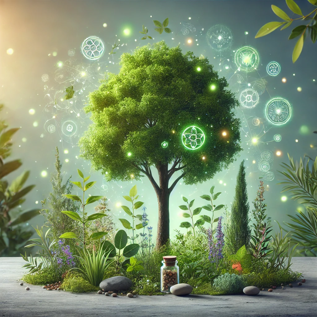 An artistic illustration representing the green tree remedy and its holistic benefits for health and wellness.